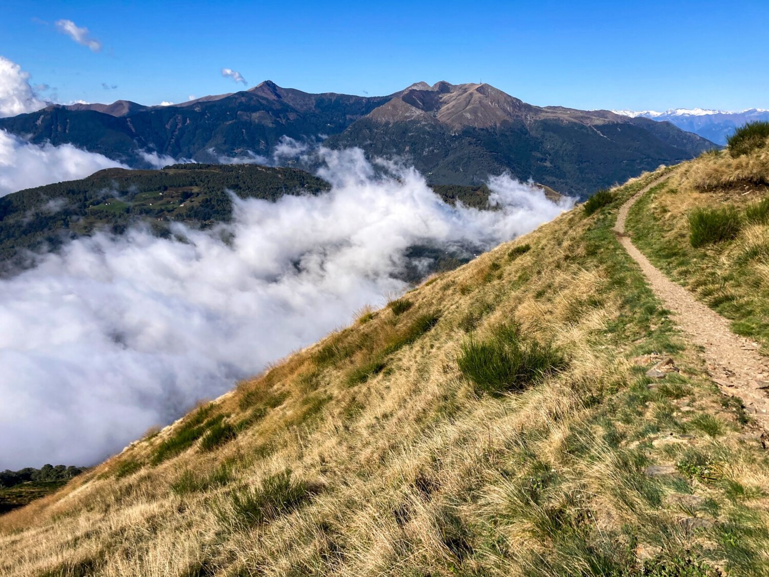 Aussicht zum Monte Tamaro in der Bildmitte und zu den verschneiten Tessiner und Walliser Gipfeln im Hintergrund.