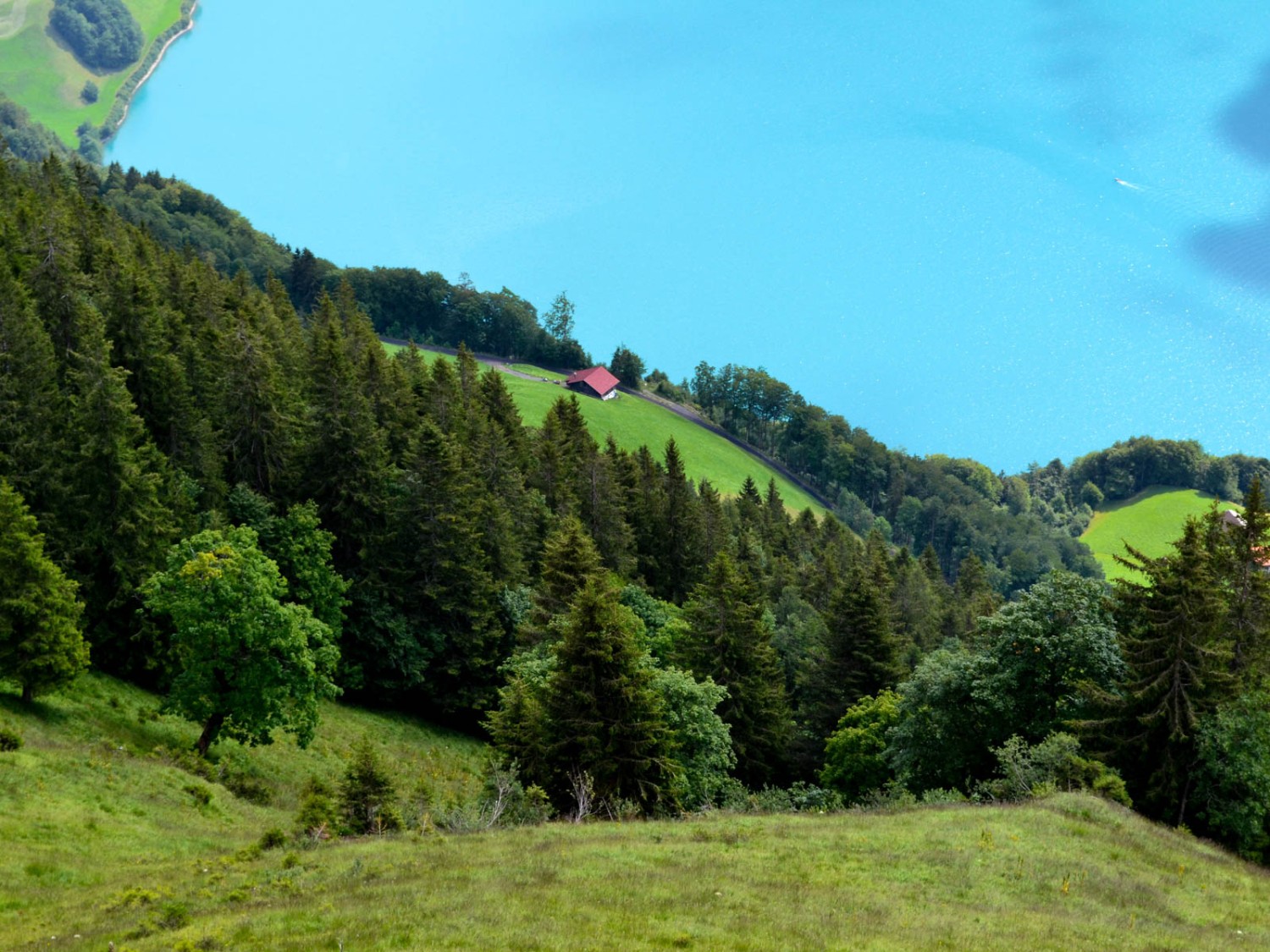 Fast schon tropische Farben: Tiefblick vom Sädel auf dem Lungerersee. Bild: Sabine Joss

