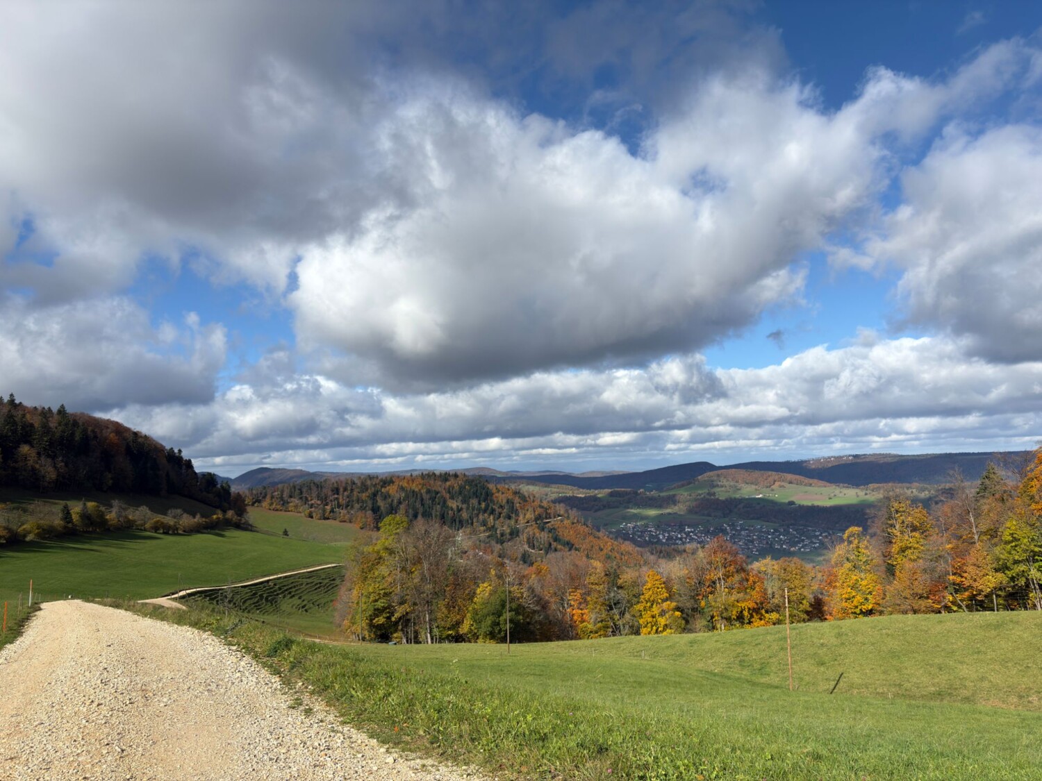 A partir de Vögeli, un chemin de marne continue en direction de Misteli. Il offre une vue sur les douces collines du Jura soleurois.