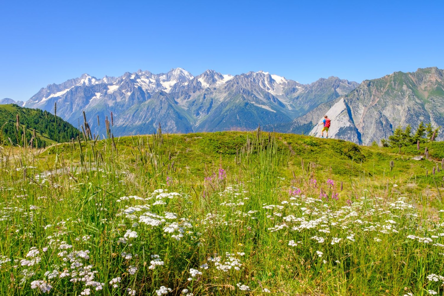 An der Bergstation von Moay empfängt einem ein traumhafter Blick zu den Aiguilles des Mont-Blanc-Massivs.