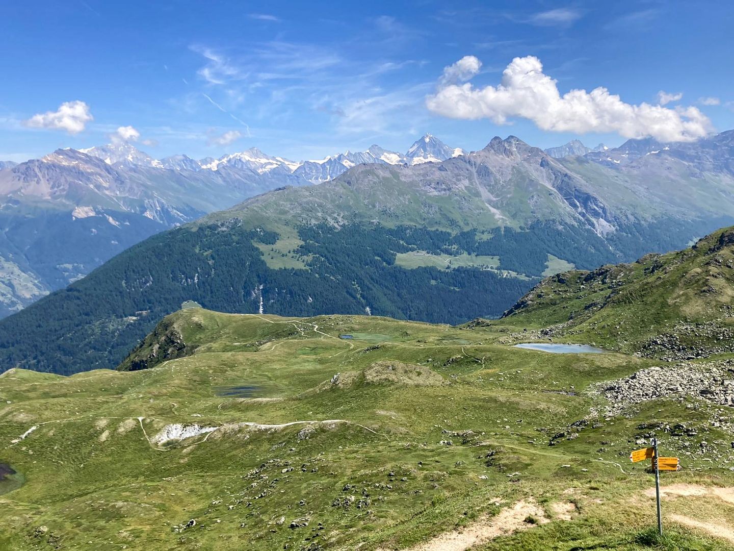 Dernier coup d’œil en arrière avant d’atteindre le sommet du Mont Rouge. En contrebas, les gouilles; tout au fond, les 4000 valaisans.