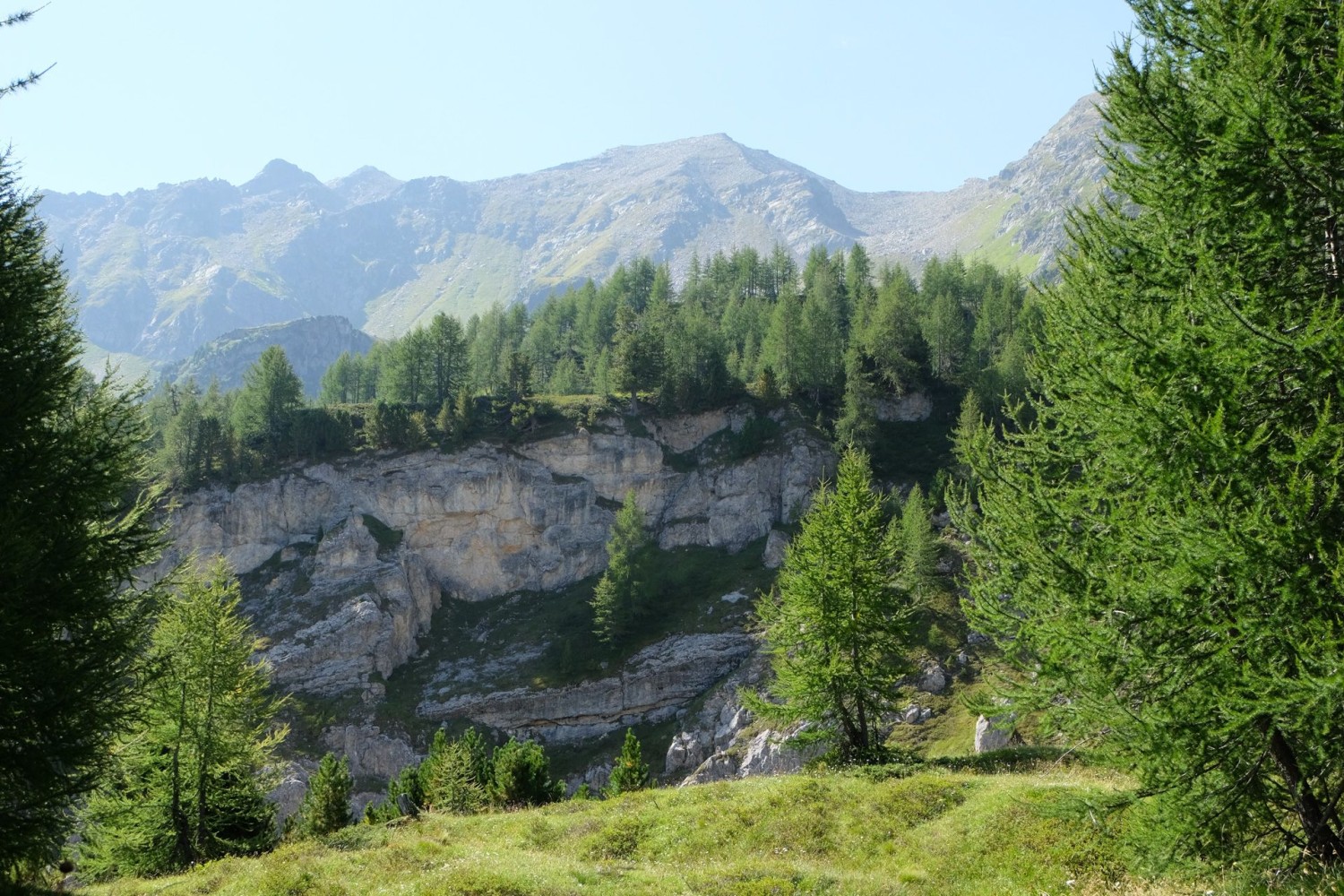 Le chemin surplombe nettement la gorge du Ri di Larècc. Les arbres sont encore présents.