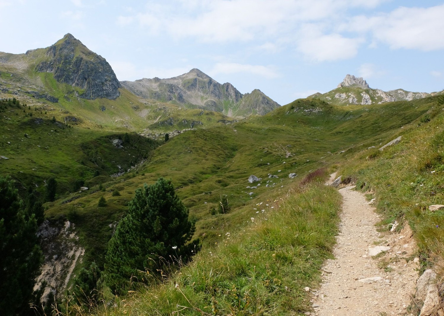 Randonnée à travers les Alpes austères, en direction des sommets. On a laissé derrière soi les forêts luxuriantes.
