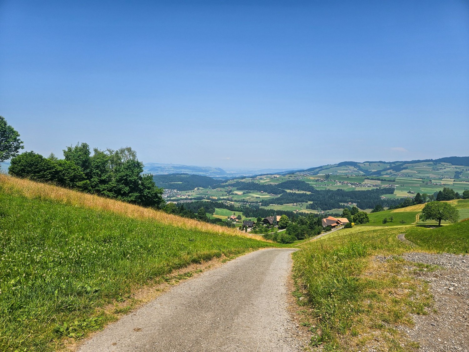 Lors de la descente de Goldiwil vers Steffisburg, la vue porte presque jusqu’à Berne.