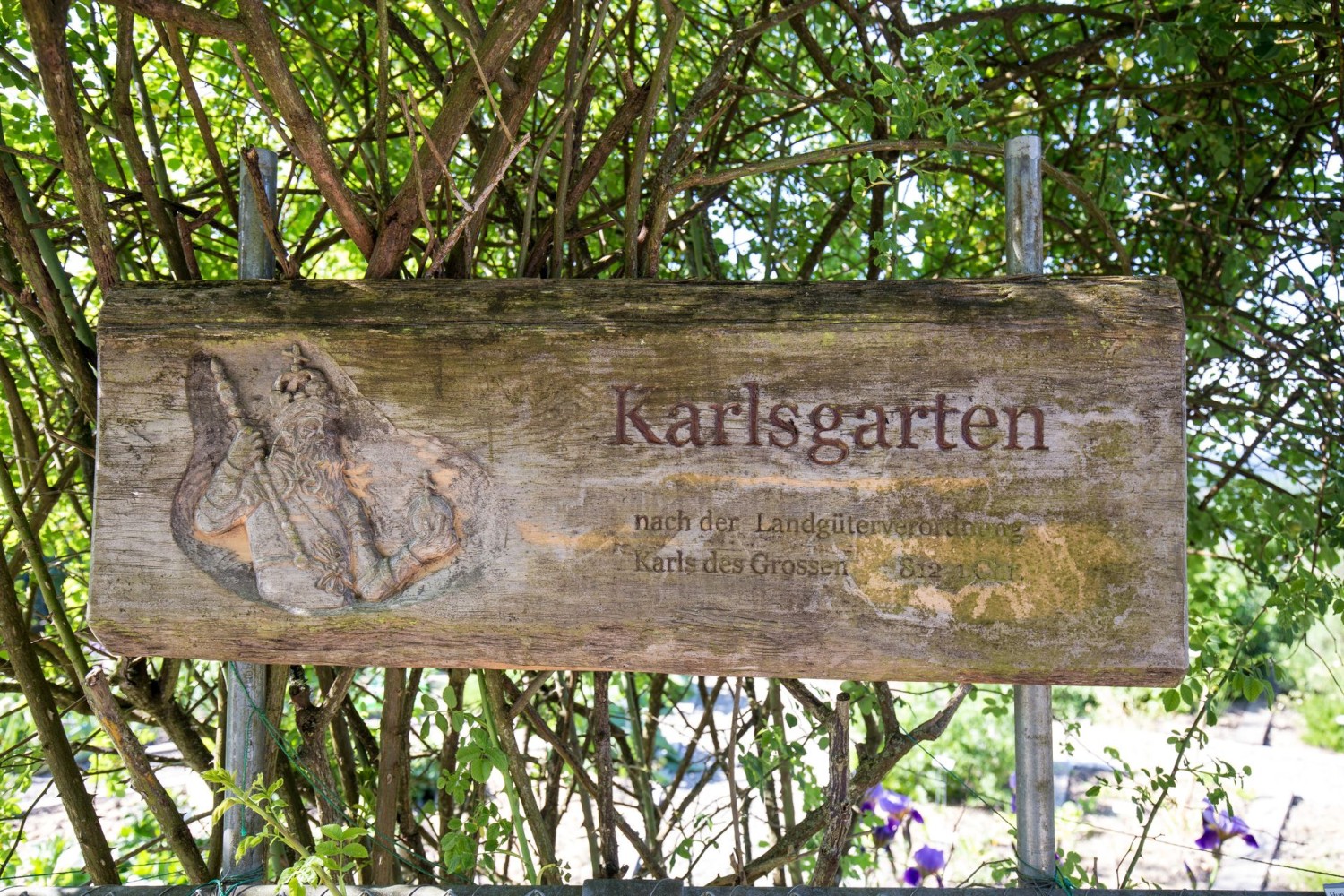 Das Eingangsschild zum Karlsgarten haben Liselotte und Beat Baumgartner selbst gestaltet.